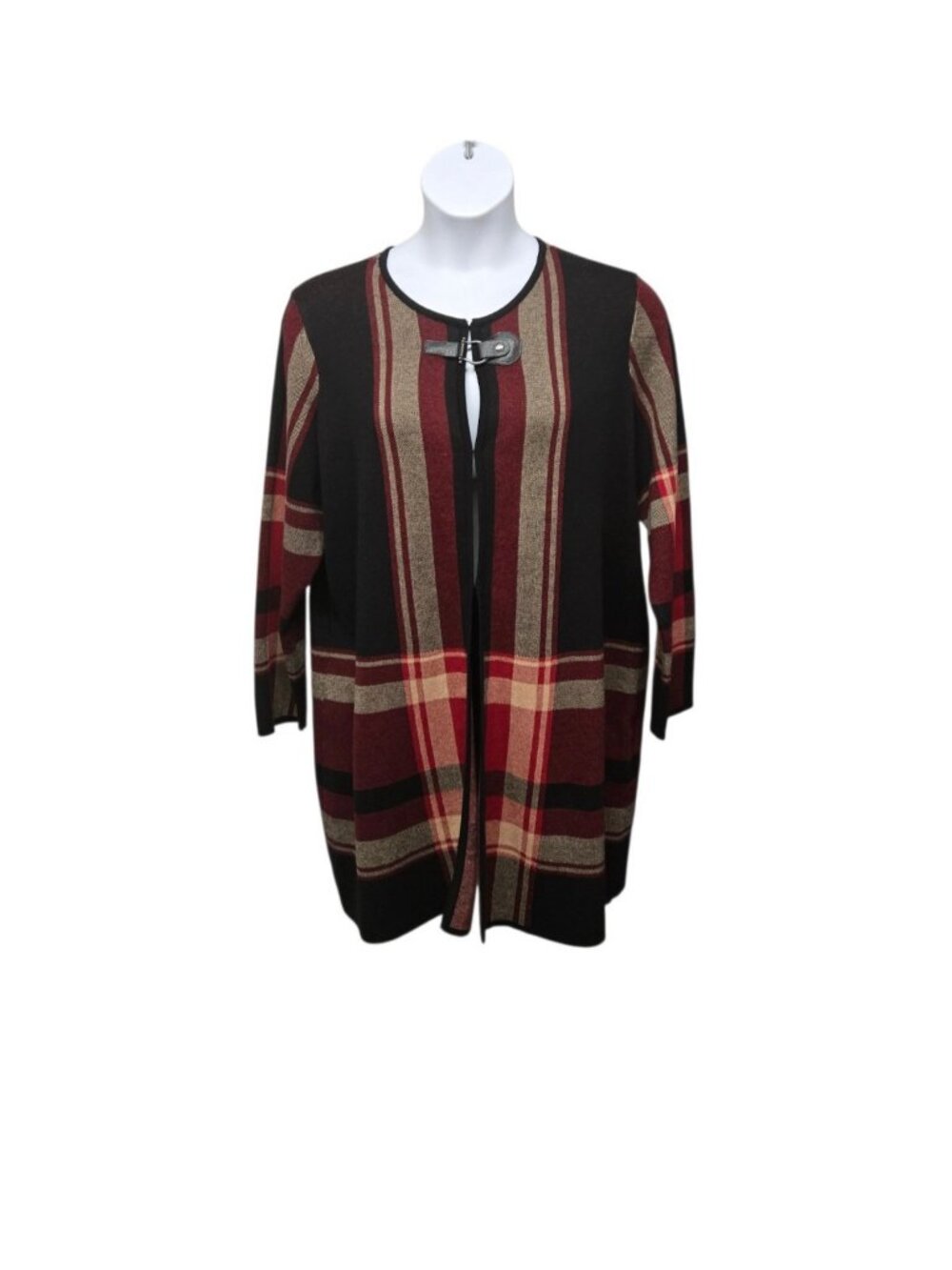 Kasper Plaid Cardigan Sweater Duster Womens 1X Red Black Office Classic